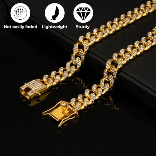 Image of Gold Dog Chain Diamond Collar Walking Metal Chain Collar with Secure Buckle, Pet Cuban Style Collar Jewelry Accessories for Small Medium Large Dogs, Available in Multiple Pet Gift (Gold, 10inch)