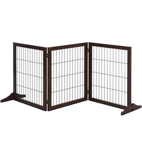 PawHut Absperrgitter Hund Freistehendes Schutzgitter mit Füßen 185 x 71 cm Holz Hundegitter Treppenschutzgitter Treppengitter Hundeabsperrgitter für Treppen, Türen, Küche, Flur, 3 Paneelen, Braun