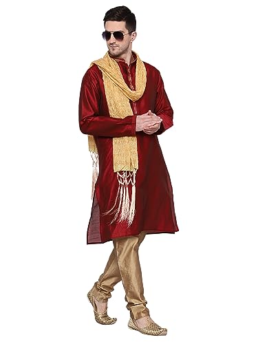 Image of ITOS365 Men's Tunic Art Silk Kurta Pajama and Scarf Suit Set Indian Clothing Wedding Party Dress Gifts Items