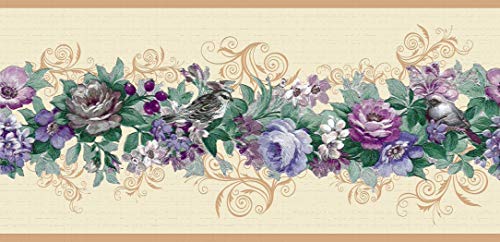 Dundee Deco Ddazbd9038 Peel And Stick Wallpaper Border - Floral Purple, Blue, Green, Beige Flowers On Vine Wall Border Retro Design, 15 Ft X 7 In (4.57M X 17.78Cm), Self Adhesive #TOP1