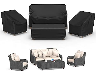 Mrrihand Patio Furniture Covers, 4 Piece Outdoor Furniture Cover Waterproof includ Ourdoor Sofa Cover, 2 Chair Covers, Coffee Table Cover with Windproof Buckle Strap and Adjustable Drawstring-Black