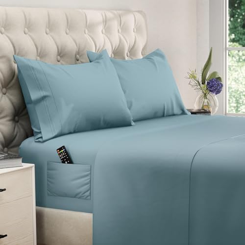 Image of DREAMCARE King Size Sheets Set - 4 pcs Breathable Cooling Sheets - up to 21 inch Extra Deep Pocket King Sheet Set with Side Pockets Extra Soft 100% Brushed Hypoallergenic Hotel Luxury Bedding Mineral Blue