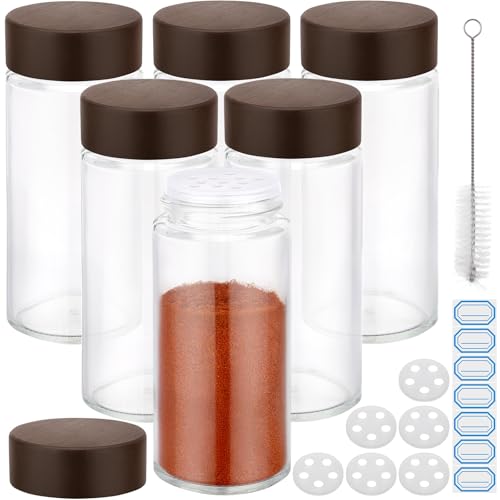 Segarty 4oz Spice Jar with Shaker Lids, 6 Pack 120ml Glass Round Empty Spices Jars with Wood Lids, Clear Seasoning Container Cereal Containers Set for Storage, Spice Bottle with 7 Stickers and 1 Brush