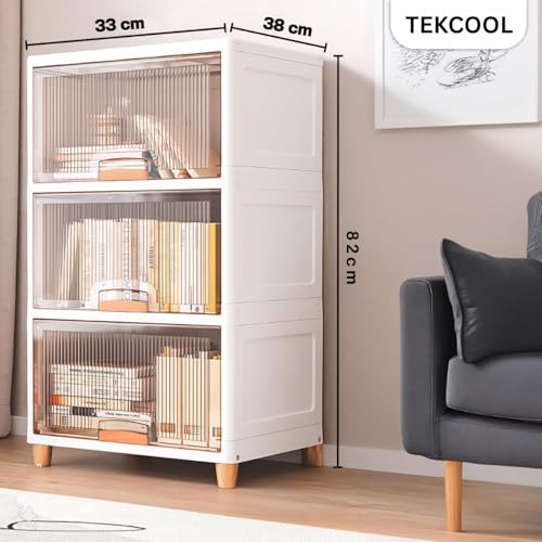 Image of TEKCOOL 3 Tier Foldable Plastic Rack for Storage /Kitchen Cupboard /Versatile and Sturdy Wardrobe for Clothes /Multipurpose Storage Organizer /Closet for Bedroom /Living Room /Laundry Room (Transparent);-