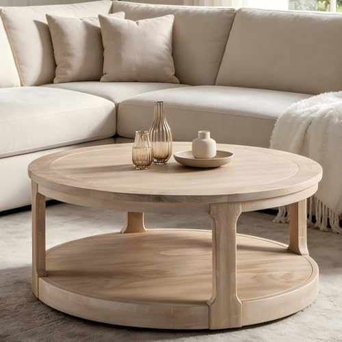KEVINSPACE Round Coffee Table 40 Circle Coffee Table for Living Room 2-Tier Solid Wood Desktop Center Table Modern Design Accent Center Table Home Furniture for Bedroom Home Office Oak
