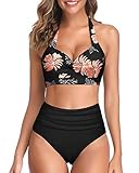 Tempt Me Women's Vintage Swimsuits Floral Black Retro Halter Ruched High Waist Bikini with Bottom M