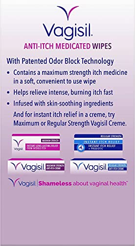 Image of Vagisil Anti-Itch Medicated Feminine Intimate Wipes for Women, Maximum Strength, Gynecologist Tested, 12 Wipes (Pack of 1)