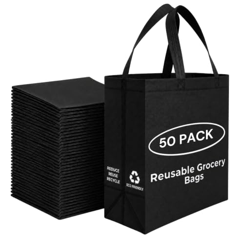 Simply Cool 50 Pack Reusable Grocery Bags, Large Tote Bags Bulk, Black