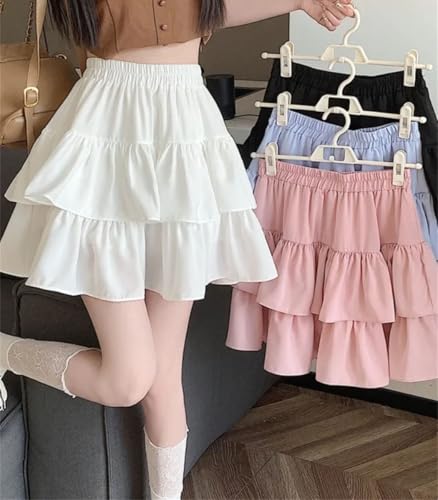 Women's High Waist A-line Skirt Korean Kawaii Cake Style Solid Color Ruffled Spring Skirts All-Match Dress3