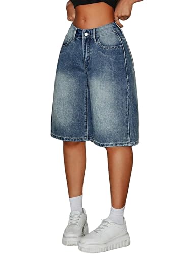 Glomblig Girl's Jean Shorts Vintage Wash Cute Y2K Mid Waist Straight Leg Denim Shorts Trendy Teen Girls Fashion Size 16 Blue