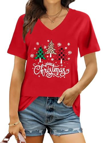 Image of hohololo Christmas T Shirt Womens Merry Christmas Shirt Xmas V-Neck Shirts (Red2,XL)