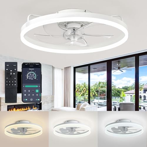 J.SUNUN Ventiladores para el techo con lámpara Blanco Moderno Regulable Luz LED 6 Velocidades Con Mando A Distancia Lampara Ventilador Techo Silencioso Para Dormitorio Salón Iluminacion 50CM 19.7'(Whi