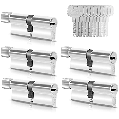 GERCAR Juego de 5 cilindros con pomo igual, 5 cilindros de cierre 30/30 incl. 25 llaves - 60 mm - Cerradura de puerta cilindro con función N+G juego de 5 con cierre igual - Longitud: 60mm A:30 B:30