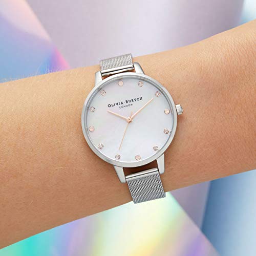 Image of Olivia Burton Classics Qtz Basic White Mother of Pearl & Stone & Stud Round Dial Women's Watch|Stainless Steel Material|Silver Color Band - OB16SE07