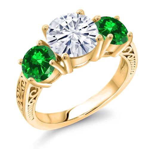 Gem Stone King 18K Yellow Gold Plated Silver White Moissanite and Green Created Emerald Engagement Ring For Women | 3.90 Cttw | Round 8MM | Gemstone Birthstone | Available in Size 5,6,7,8,9