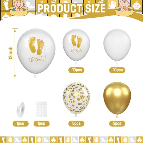 Image of Baby Shower Foot Print Balloons, 30Pcs 12inch Gold White Balloons With Baby Foot Printed Balloon for Neutral Baby Shower Gender Reveal Birthday Wedding Decorations