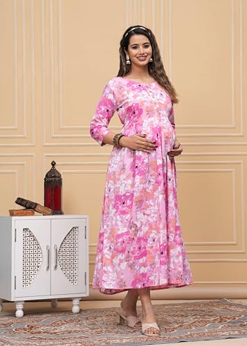Image of JAIPURFAME Stylish Women's Pure Cotton All Over Printed Kurti Gown, Maternity Dress, and Feeding Dress - Comfortable and Elegant Maternity Wear for Women Baby Pink
