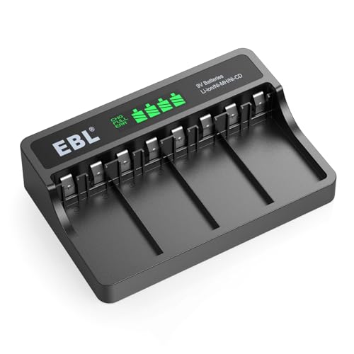 EBL Akku Ladegerät 9v für Li-Ionen NI-MH NI-Cd 9v wiederaufladbare Batterien, LCD Display, 4 Fach 9v Ladegerät, EBL M7015
