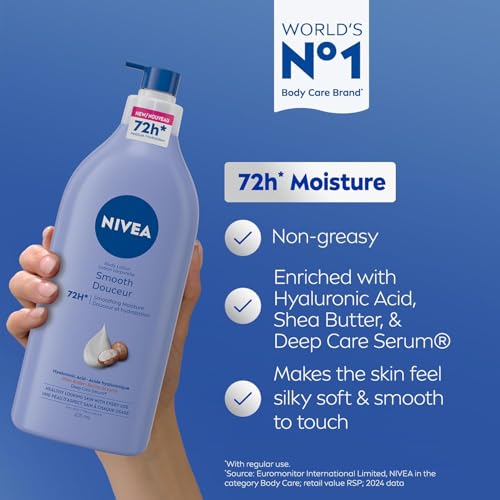 NIVEA Smooth 72-Hr Moisturizing Body Lotion for Dry Skin, Body Moisturizer with Hyaluronic Acid and Shea Butter, Non-Greasy and Quick-Absorbing, 625 mL Bottle - Image 4