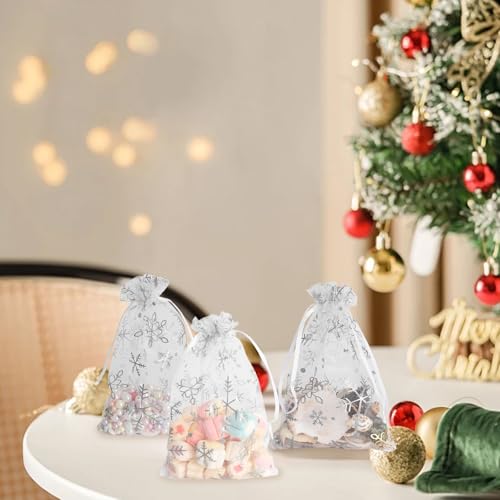 Image of Snowflake Organza Bags, 50 PCS Christmas Sheer Organza Bags with Drawstring 4 x 6 inch, Jewelry Gift Bag, White Small Mesh Goodies Xmas Wedding Favor Mini Candy Pouches Bag for Christmas Party Favors