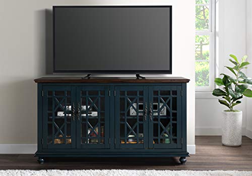 Image of Elegant Wood TV Stand for 50 inch, 55 inch, 60 inch, 65 inch TVs, Entertainment Center with Doors, Adjustable Shelves, Storage, Media Console, Sideboard, Hallway Accent Chest Dark Blue and Brown 63 inch W x 18 inch D x 35 inch H