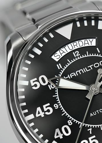 Image of Hamilton Khaki Aviation Automatic Men's Watch, 42mm Stainless Steel Case, Swiss Made, Black Dial Analog Wrist Watch for Men, 100m Waterproof, Sapphire Crystal, Stainless Steel Strap