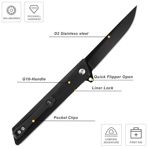 Pocket Knife, 3.5 inch Folding Knife with G10 Handle and D2 Blade, Edc Knife with Nylon Sheath for men and Women