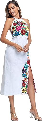 Image of Womens Mexican Floral Embroidered Halter Maxi Dress Side Slit Boho Dress