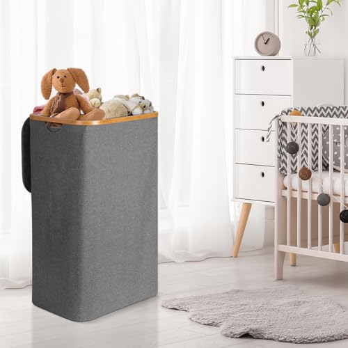 OUSFOT Wäschekorb mit Deckel 105L Wäschesammler faltbar aus 600D Oxford-Gewebe mit Abnehmbarem Wäschesack Bambus-Wäschebox Wäschesortierer Wäschetonne Laundry baskets Grau