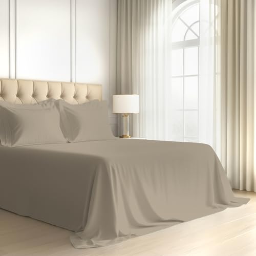 Image of Pizuna 100% Cotton Bedsheet Super King Size Simply Taupe, 800 Thread Count Long Staple Combed Cotton Flat Bedsheets 108x108 Inches with 4 Pillow Covers, Bed Sheet for Super King Size Bed
