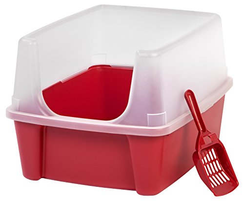 IRIS USA Cat Litter Box, Open Top Kitty Litter Box with Scatter Shield and Cat Litter Scoop, Red