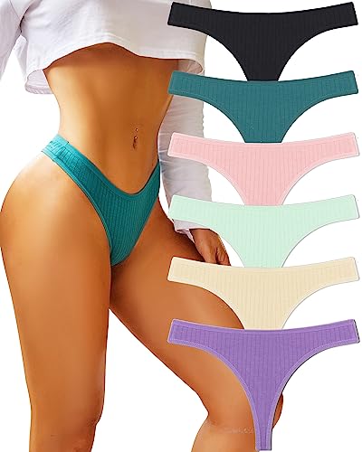 Image of FINETOO Cotton Thongs for Women Soft Low Rise Sexy Thong Ladies Panties Womens Underwear 6 Pack XS-XXXL