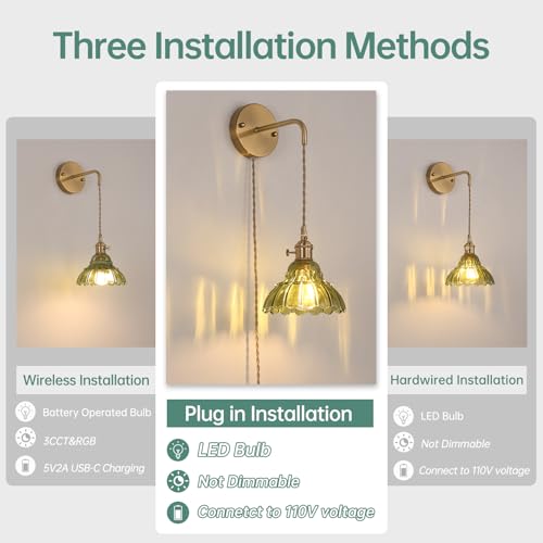 Image of Shenmoyl Vintage Wall Sconce with Green Lily of the Valley Glass Shade Hanging Wall Sconce with 4.9FT Plug in Cord, Modern Wall Lamp Fixtures Decor for Bedside Bedroom Indoor Doorway