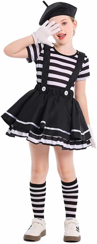 TOONRAIN Kid's Clown Mime Costume Striped Top and Suspender Skirt Theme Performance Dress Up 4-16Y