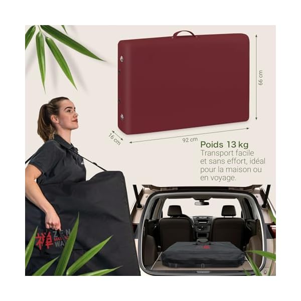 Zen Table de Massage Pliante professionelle - lit esthetique Table Tatouage, Extension de Cils en Bois et Hauteur réglable, Portable avec Appui-tête réglable, accoudoirs, Sac de Transport (Bordeaux)
