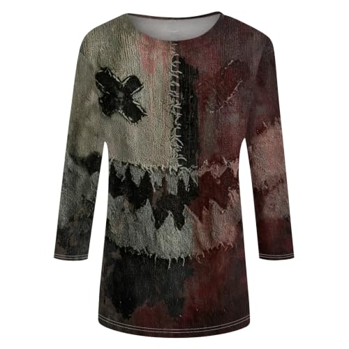 Image of Women Spooky Halloween Graphic Shirt 3 /4 Length Sleeve Crewneck Top | Halloween Funny Printed Pumpkin Plus Size Tshirts 2026 Fall Outfits Skeleton Tee Going Out Tops