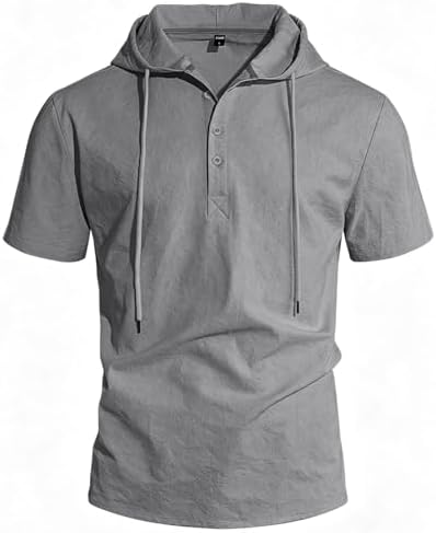 ODFMCE Men's Hoodie, Short Sleeve, Summer, Cotton Linen, Loose, Plain, Stylish, Casual, Hooded, Large Sizes
