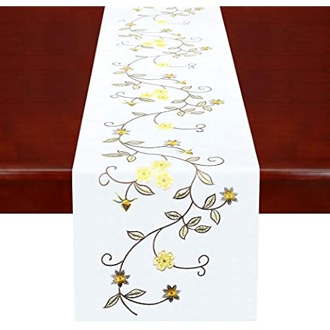 Simhomsen Double Thickness Rustic Embroidered Floral Table Runners for Spring and Summer, Dresser Scarf (Yellow, 14 × 70 Inch) Cover