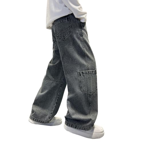 Tween Boys Baggy Straight Leg Jeans Elastic Waistband Loose Vintage Denim Pants with Pockets for Boys Clothes2