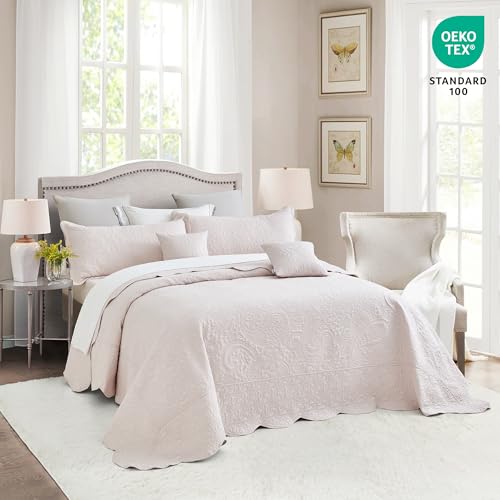 Image of Oversized King Bedspread, Embossed Paisley Quilt Set King /Cal King, Lightweight Reversible Coverlet, Scalloped Edge - Soft Fresh Look, 5 Piece, Gray Lilac