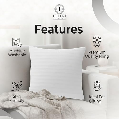 Image of Square White Striped Cushion, 5-Pack Breathable Cotton Cover Pillow for Sofa, Machine Washable Moisture Wicking Bedding, Mite Resistant Soft Decorative Throw for Home, 40x40x15 cm