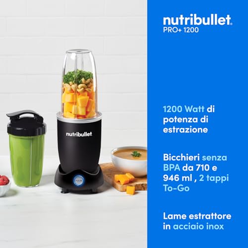 Nutribullet Pro 1200, Frullatore Elettrico, Tritatutto, Frullatore Smoothie, Frullatore Tritatutto Multifunzione, 1200w di potenza, bicchieri da 700ml e 900ml, nero, NB120MB - Immagine 1