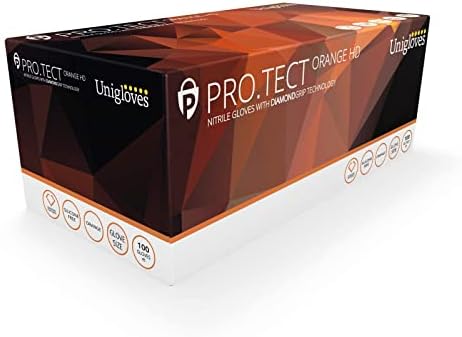 Unigloves PRO.TECT Orange HD GA0052 Nitrile Single Use - Ultra Heavyweight, Multipurpose Powder Free, Silicone Free Disposable Gloves, Box of 100 Gloves, Orange, Small