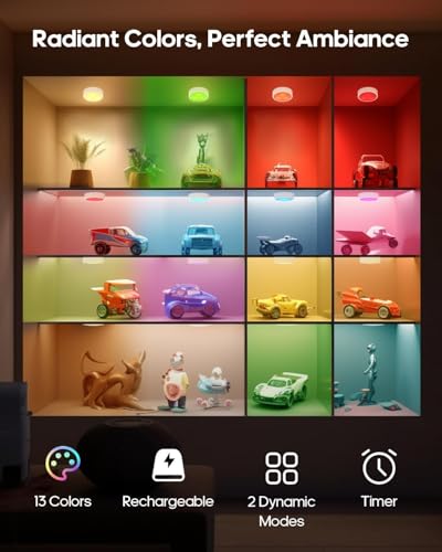 Image of Puck Lights with Remote, Rechargeable White&13 RGB Colors Tap Lights, 6Pack | Under Cabinet Lights with Dimmer and Timer, LED Stick on Lights for Shelf, Halloween, Christmas
