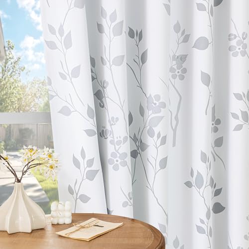 Beauoop Grey Floral Blackout Curtains for Bedroom Living Room 72 Inch Drop Leaf Print White Eyelet Curtain Botanical Thermal Insulated Noise Reducing Window Curtain Drapes 2 Panels - Image 6