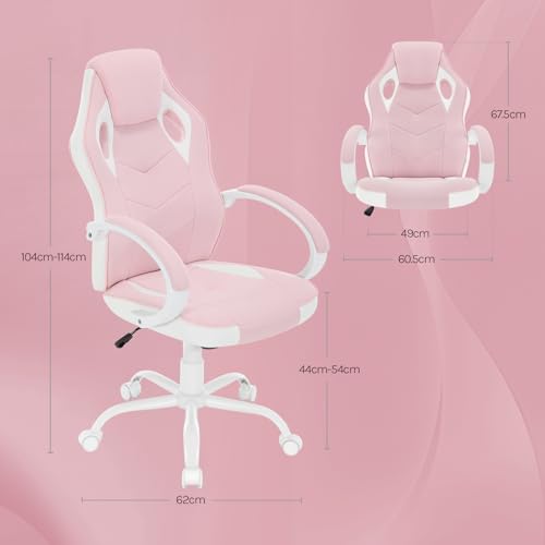 Sedia Gaming, Sedia per PC, Ergonomica con Tessuto Traspirante, Altezza Regolabile, Ruote, Schienale, Braccioli e Funzione Basculante, Bianco+Rosa - Sedia gaming - Immagine 1
