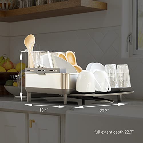 simplehuman Large Capacity Dish Drying Rack with Stainless Steel Frame, 360º Easy Drain Swivel Spout, Utensil & Wine Glass Holder, Anti-Residue Coating, Moisture Control Surface, Grey