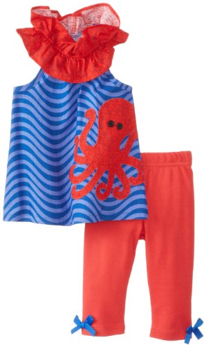 Mud Pie Girls' Baby-Newborn Octopus Tunic and Legging, Blue/Red, 0-6 Months