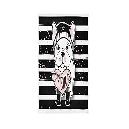 God jul fransk bulldog bomull fingertoppshanddukar 76 x 38 cm rosa randig svart vit dekorativ absorberande och mjuk frottéhandduk för badrum puderrum gäst och inflyttningspresent
