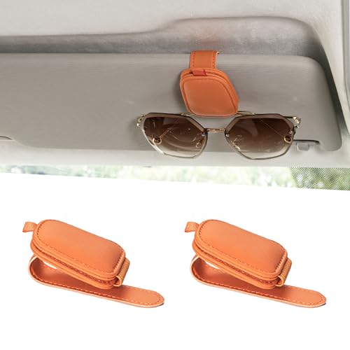 Image of Yuoyar 2 Packs Sunglasses Holders for Car Visor - Magnetic Leather Sunglasses Holder and Ticket Card Clip - Car Visor Accessories (Orange)